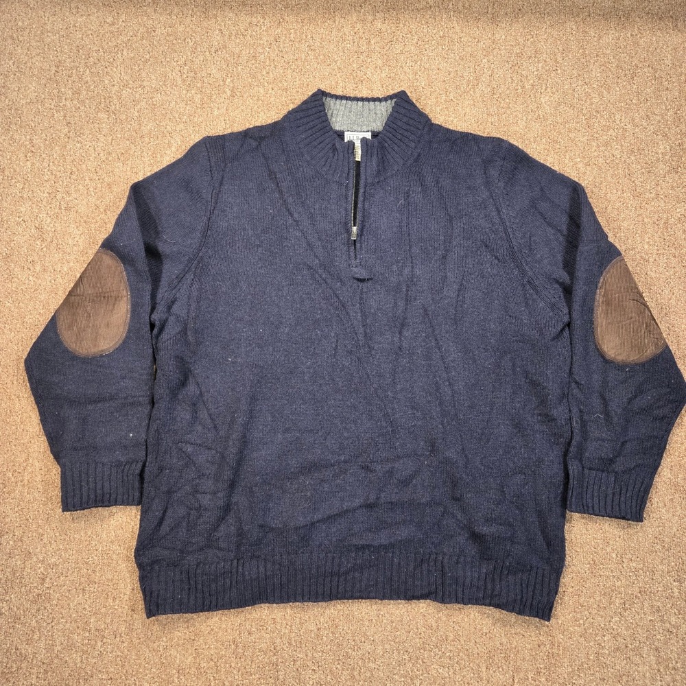 L.L.Bean Shetland Wool 1/4 Zip Sweater Mens XXL Blue Elbow Patches